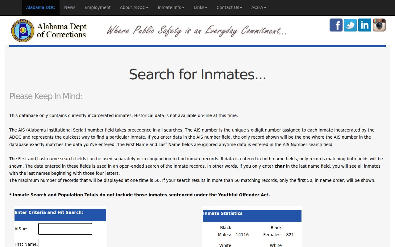 Alabama Department of Corrections inmate search interface