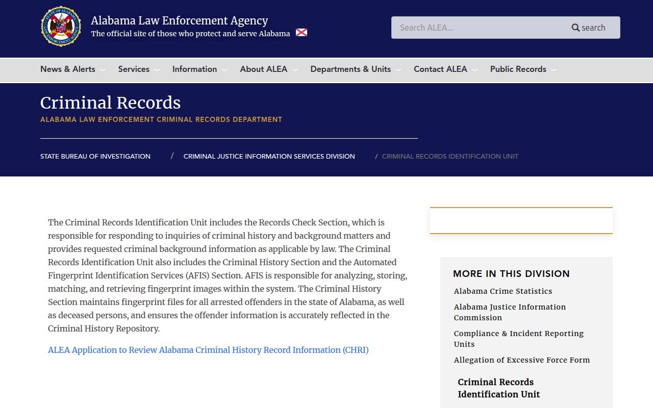 Alabama ALEA Criminal Records page for booking report access